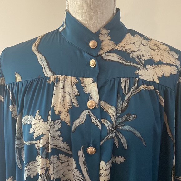 NIDODILEDA women’s green floral button down high neck L/S imported shirt sz L - Picture 4 of 15